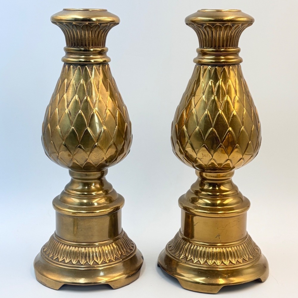 Vintage Solid Brass Scalloped Pineapple Lamp Base Set of 2 MCM Hollywood Regency